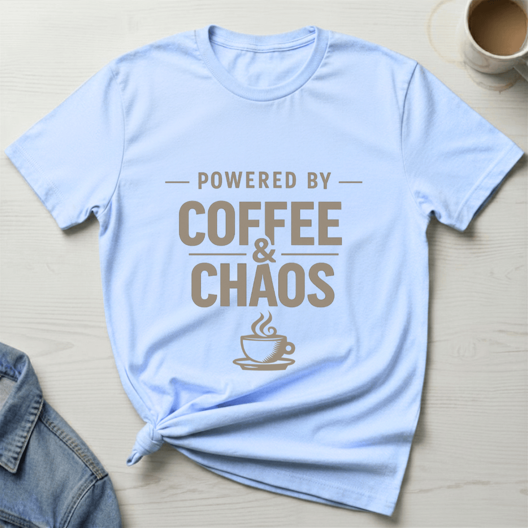 mom life tee that says Powered by Coffee & Chaos Mom T-Shirt for moms