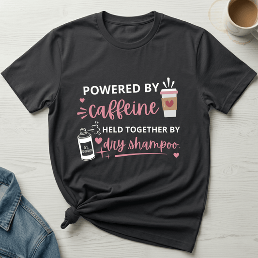 mom life tee that says Caffeine and Dry Shampoo Mom T-Shirt for moms
