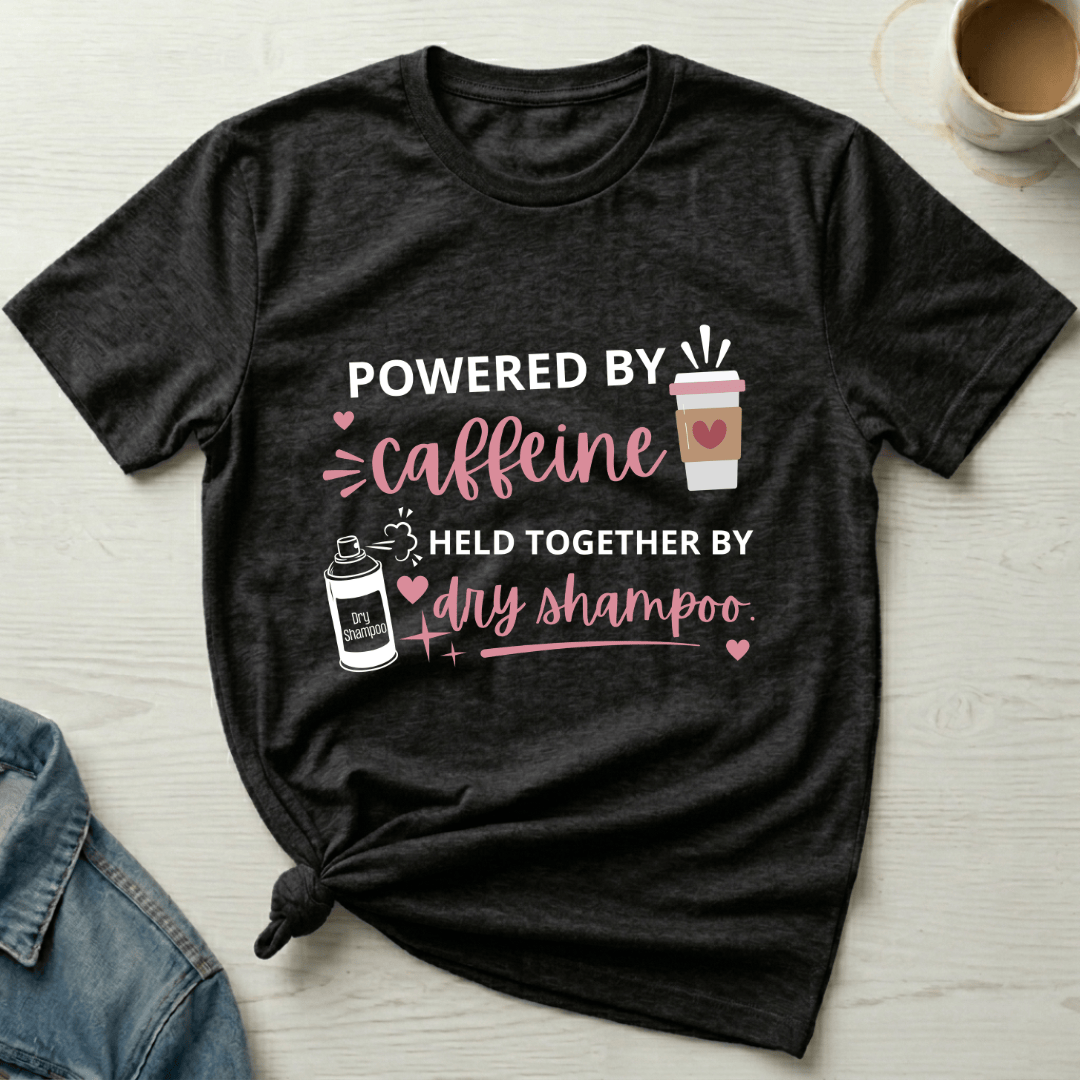 mom life tee that says Caffeine and Dry Shampoo Mom T-Shirt for moms