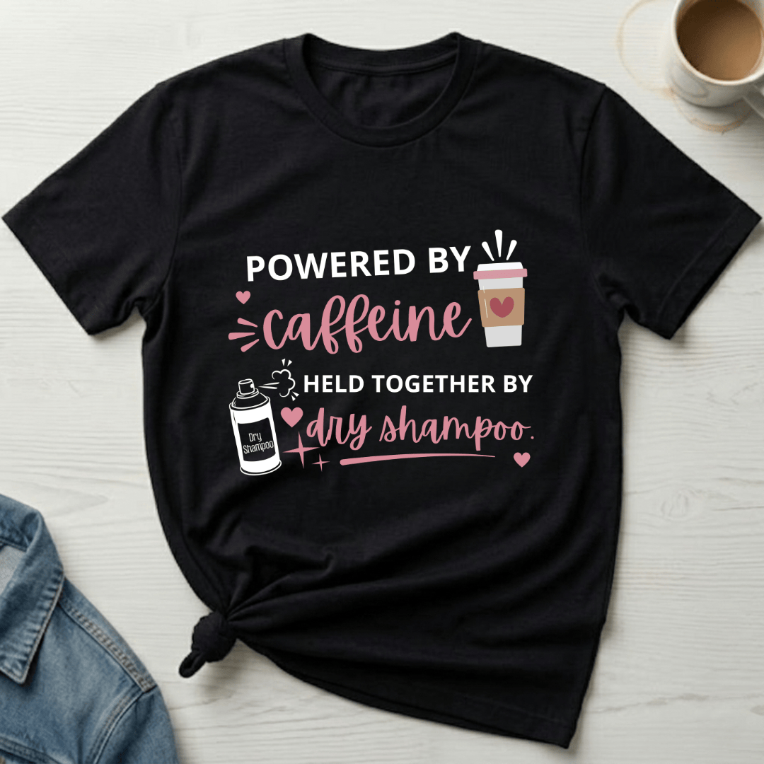 mom life tee that says Caffeine and Dry Shampoo Mom T-Shirt for moms