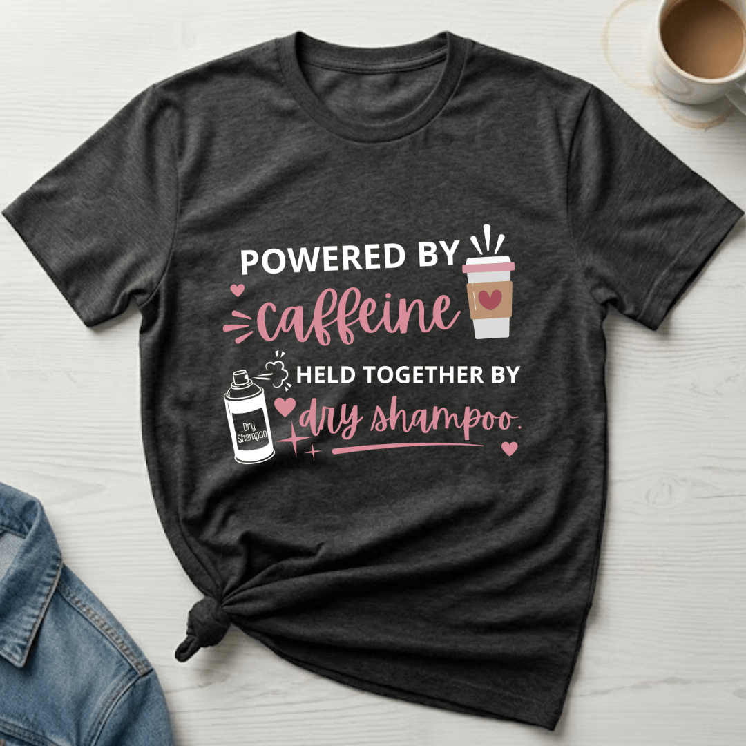 mom life tee that says Caffeine and Dry Shampoo Mom T-Shirt for moms