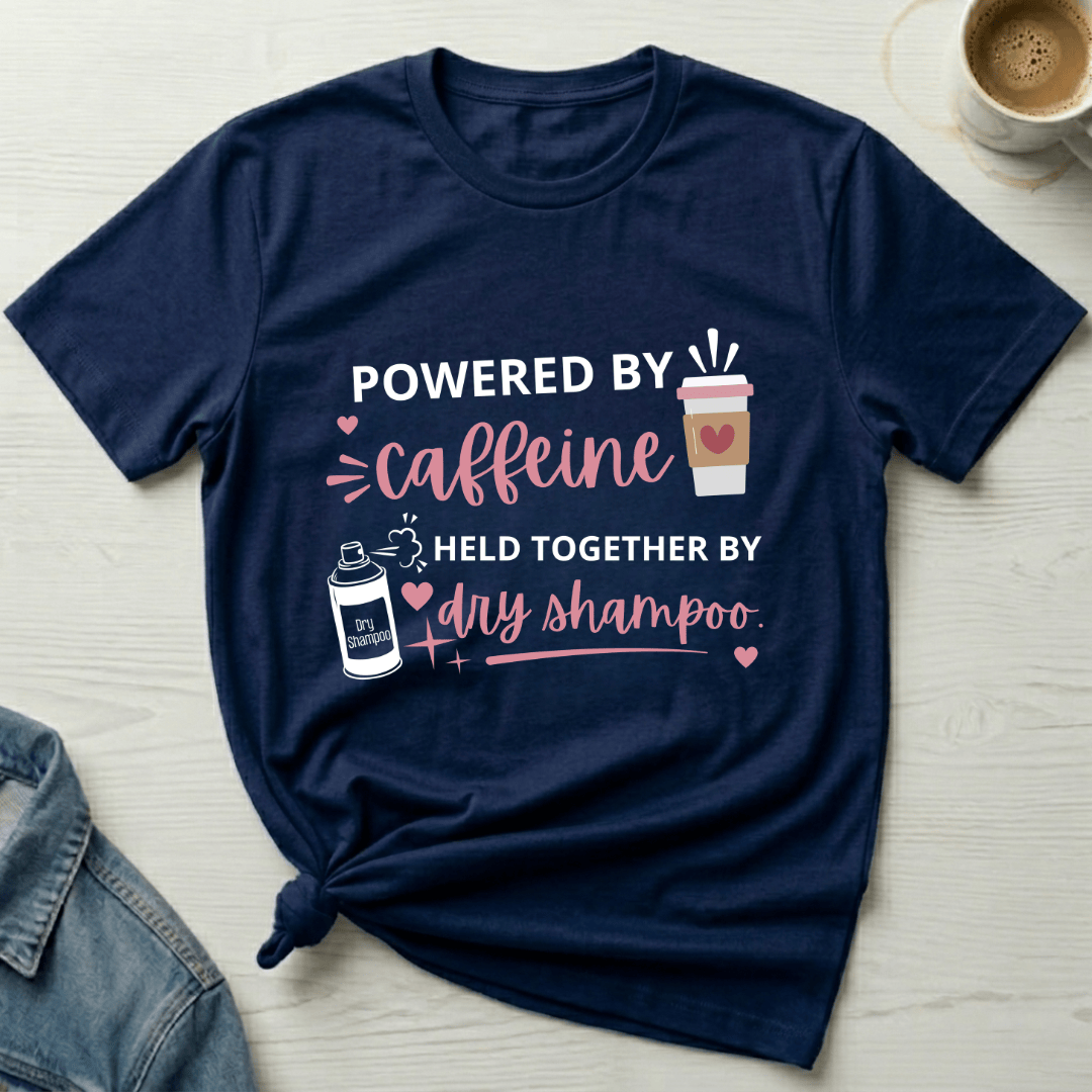 mom life tee that says Caffeine and Dry Shampoo Mom T-Shirt for moms