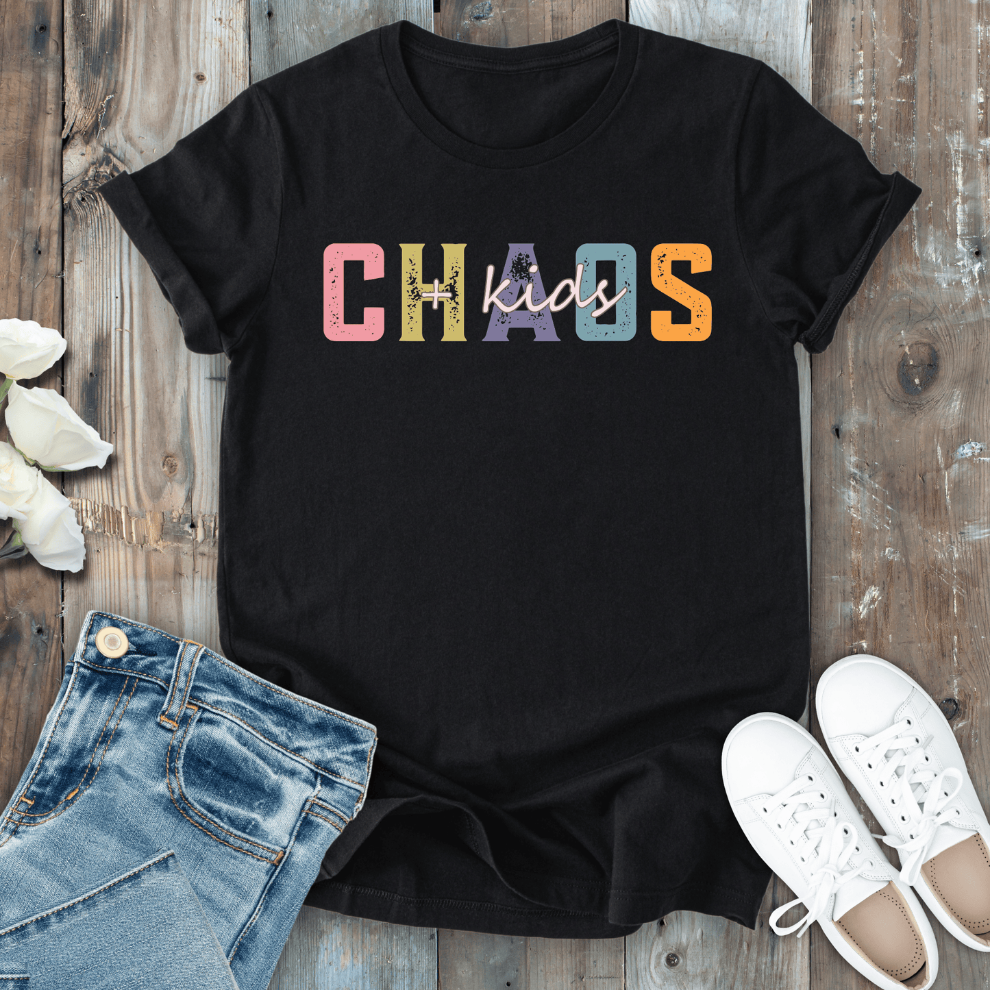 mom life tee that says Chaos + Kids--Mom T-Shirt for moms