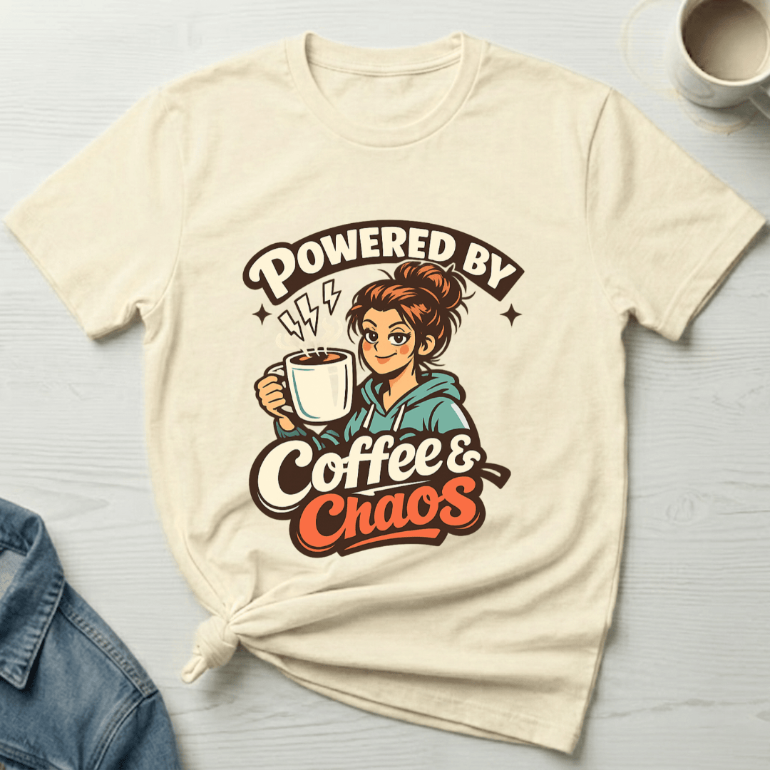 mom life tee that says Coffee & Chaos Mom T-Shirt for moms