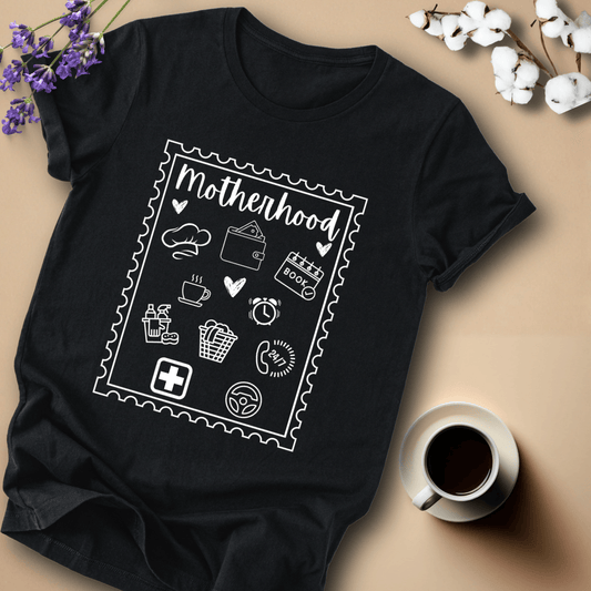 mom life tee that says Motherhood Stamp Mom T-Shirt for moms