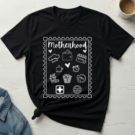 mom life tee that says Motherhood Stamp Mom T-Shirt for moms