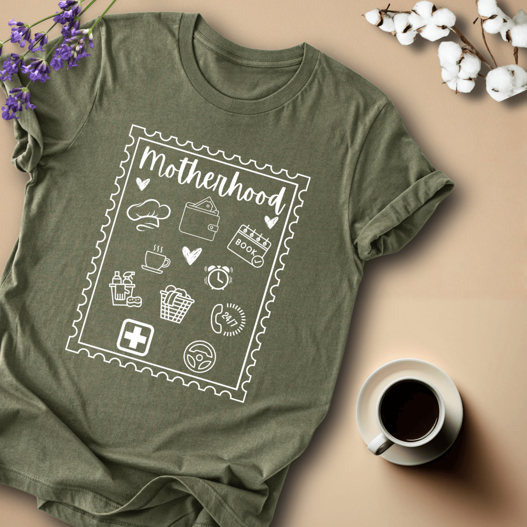 mom life tee that says Motherhood Stamp Mom T-Shirt for moms