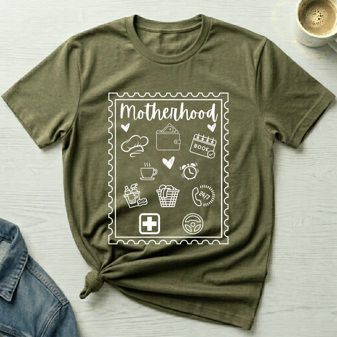 mom life tee that says Motherhood Stamp Mom T-Shirt for moms