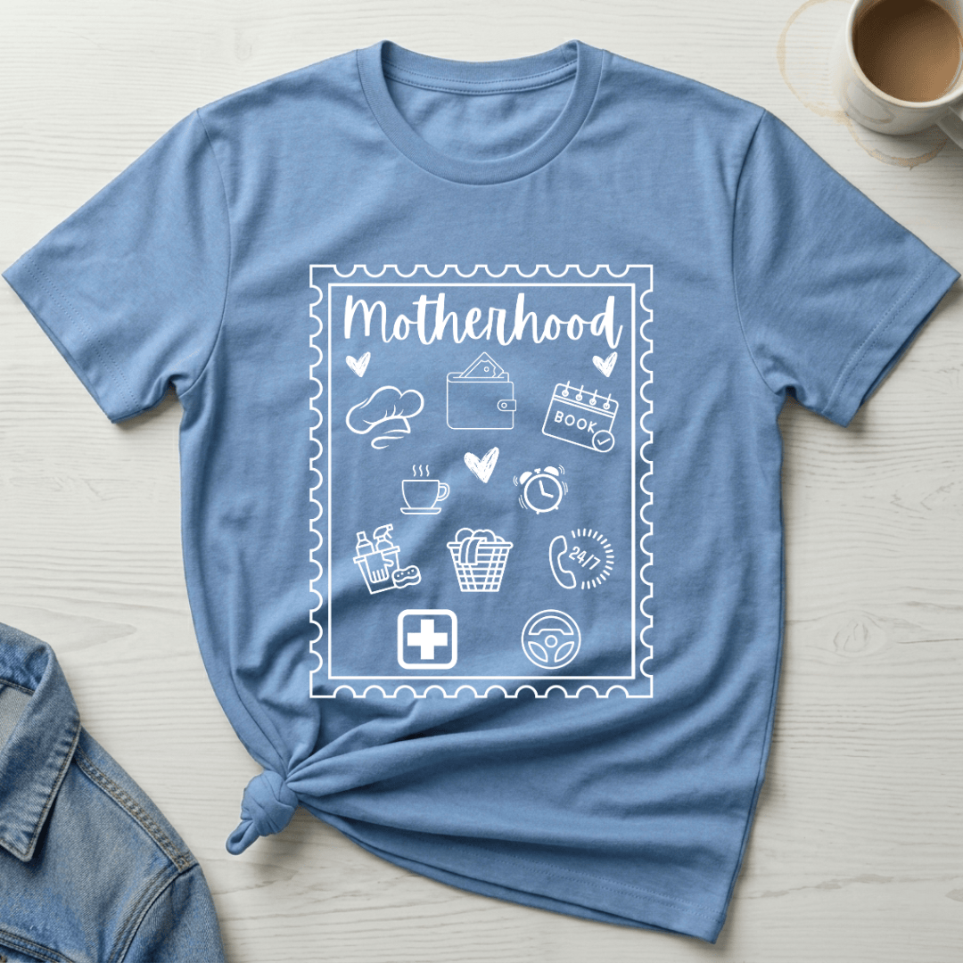 mom life tee that says Motherhood Stamp Mom T-Shirt for moms