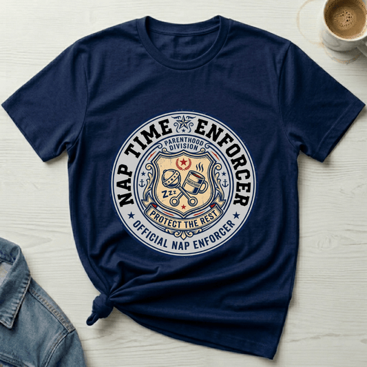 mom life tee that says Nap Enforcer Badge Mom T-Shirt for moms