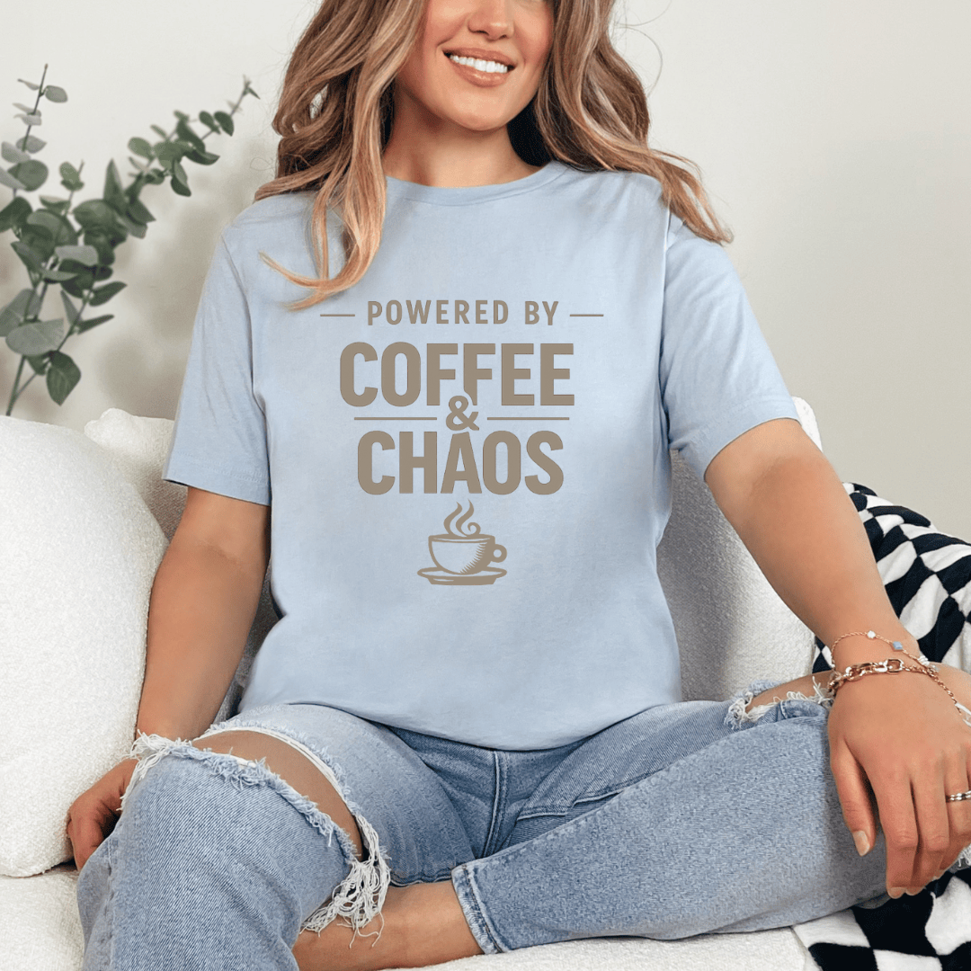 mom life tee that says Powered by Coffee &Chaos Mom T-Shirt for moms