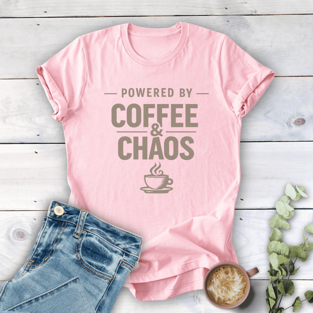 mom life tee that says Powered by Coffee &Chaos Mom T-Shirt for moms