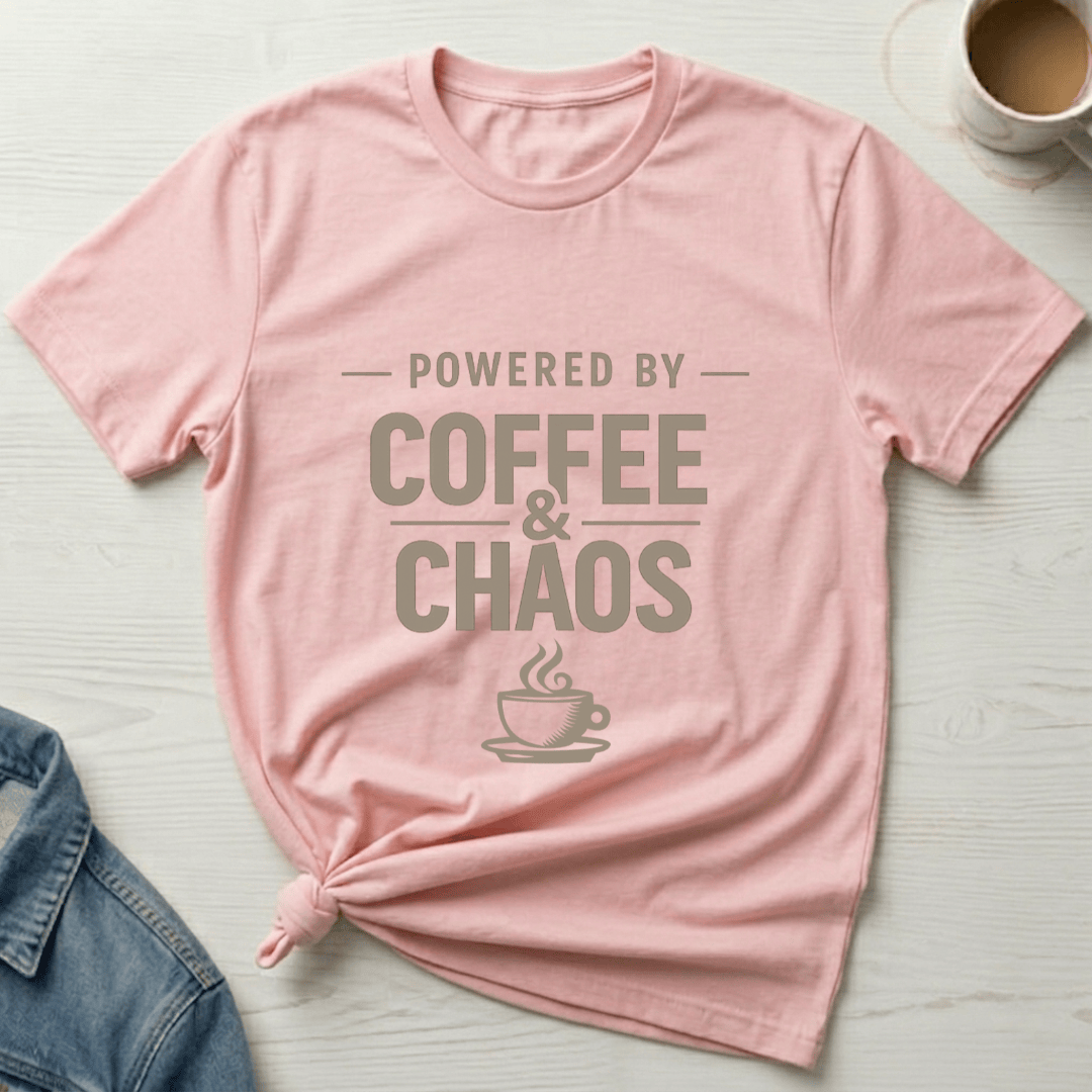 mom life tee that says Powered by Coffee & Chaos Mom T-Shirt for moms