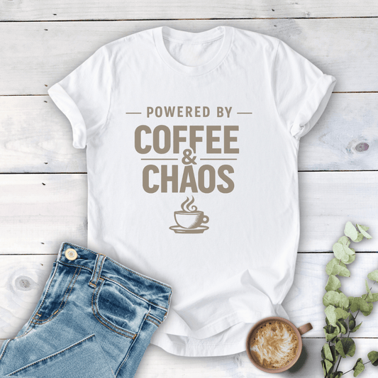 mom life tee that says Powered by Coffee &Chaos Mom T-Shirt for moms