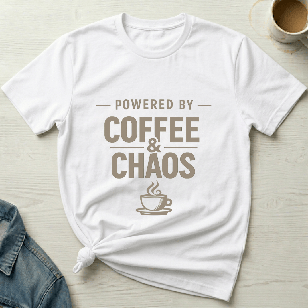 mom life tee that says Powered by Coffee & Chaos Mom T-Shirt for moms