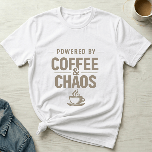 mom life tee that says Powered by Coffee & Chaos Mom T-Shirt for moms