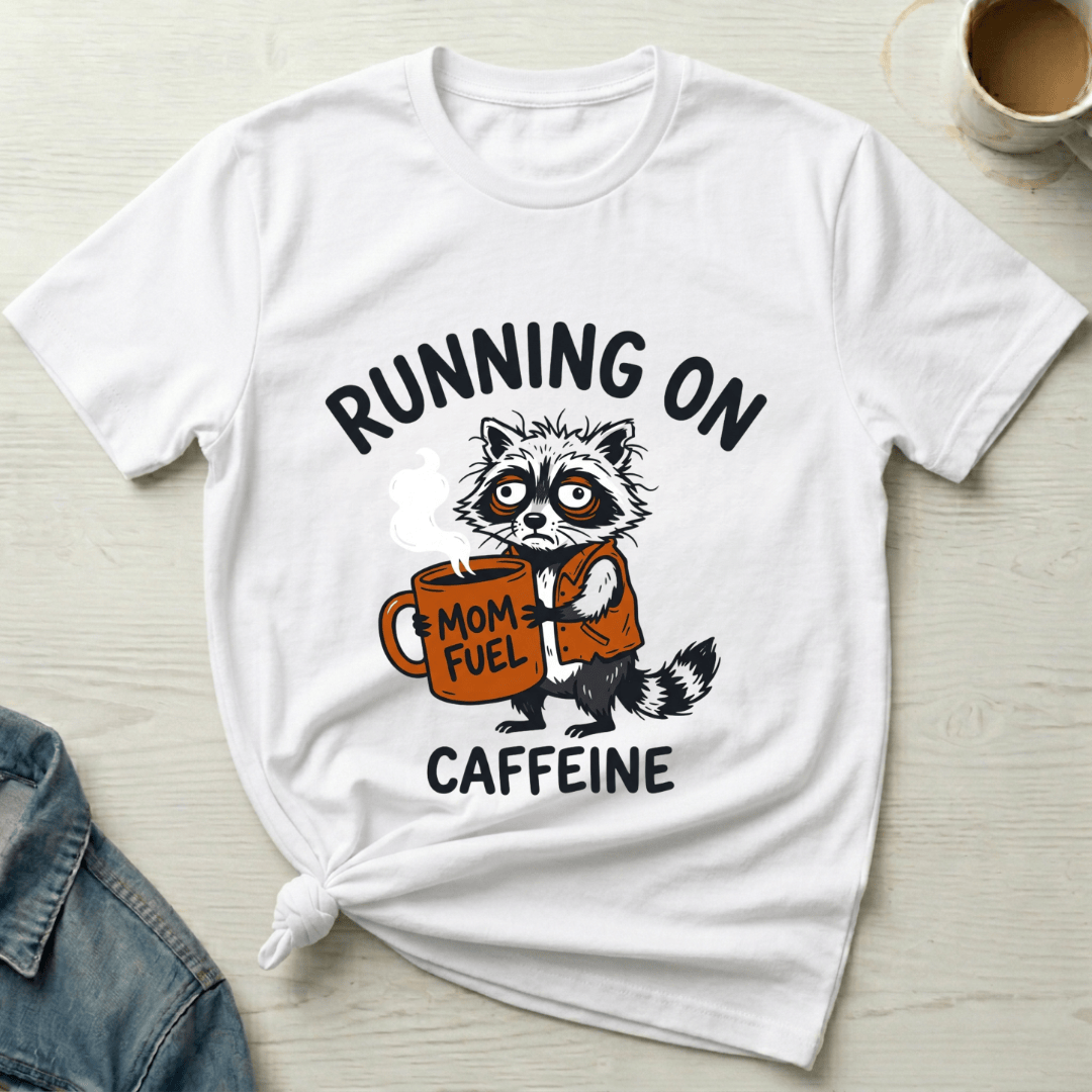 mom life tee that says Running on Caffeine Mom T-Shirt for moms