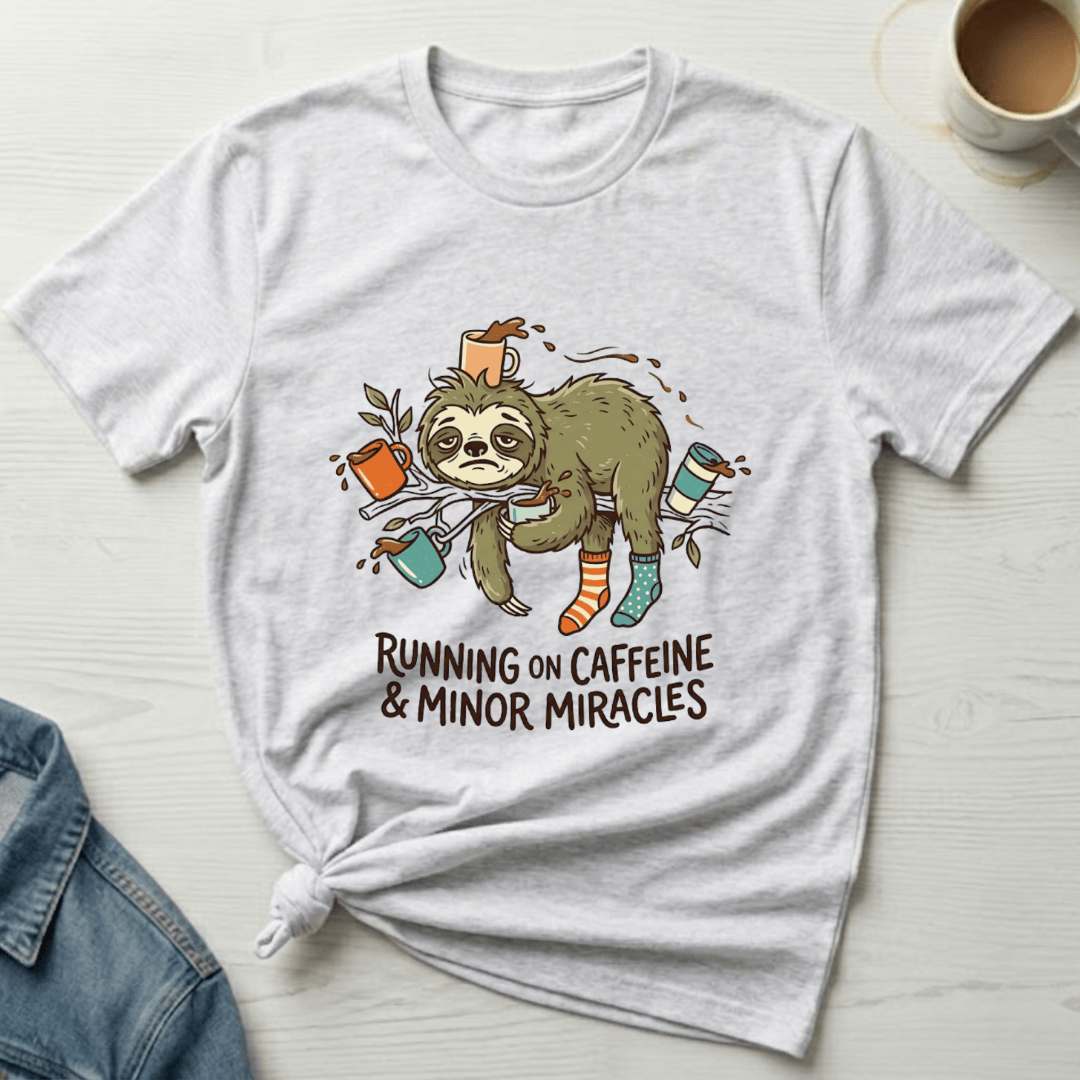 mom life tee that says Running on Caffeine Sloth Mom T-Shirt for moms