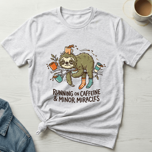 mom life tee that says Running on Caffeine Sloth Mom T-Shirt for moms