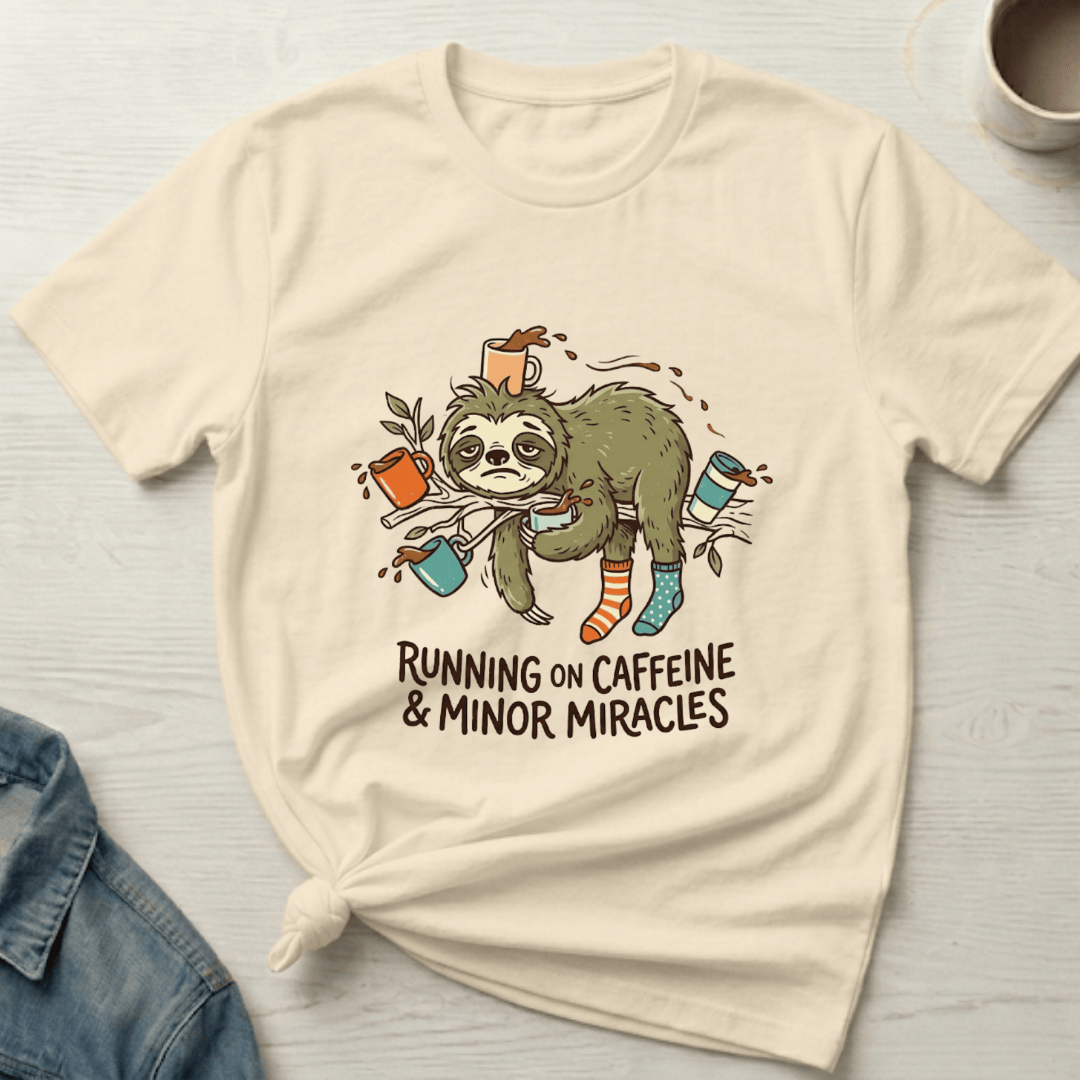 mom life tee that says Running on Caffeine Sloth Mom T-Shirt for moms