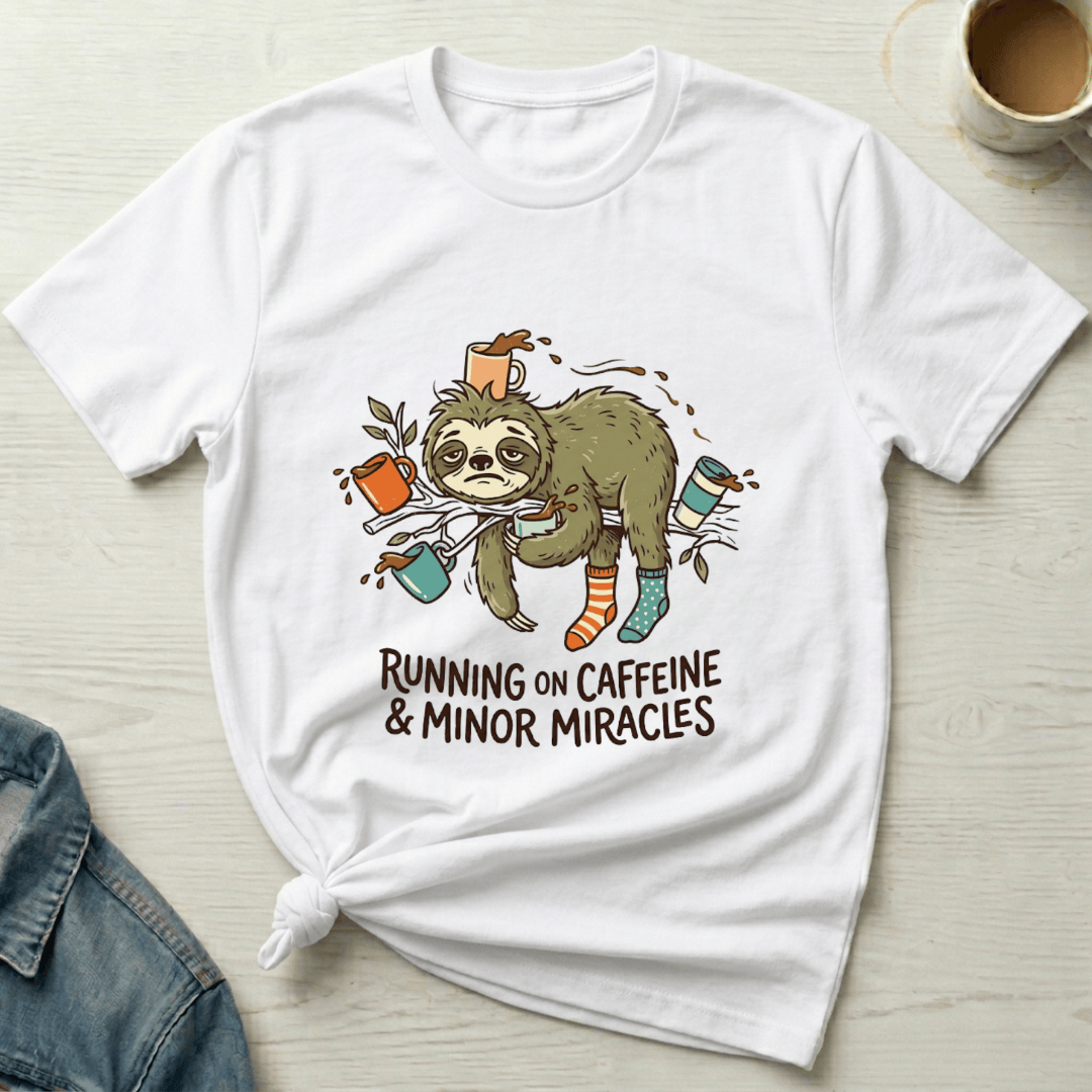 mom life tee that says Running on Caffeine Sloth Mom T-Shirt for moms